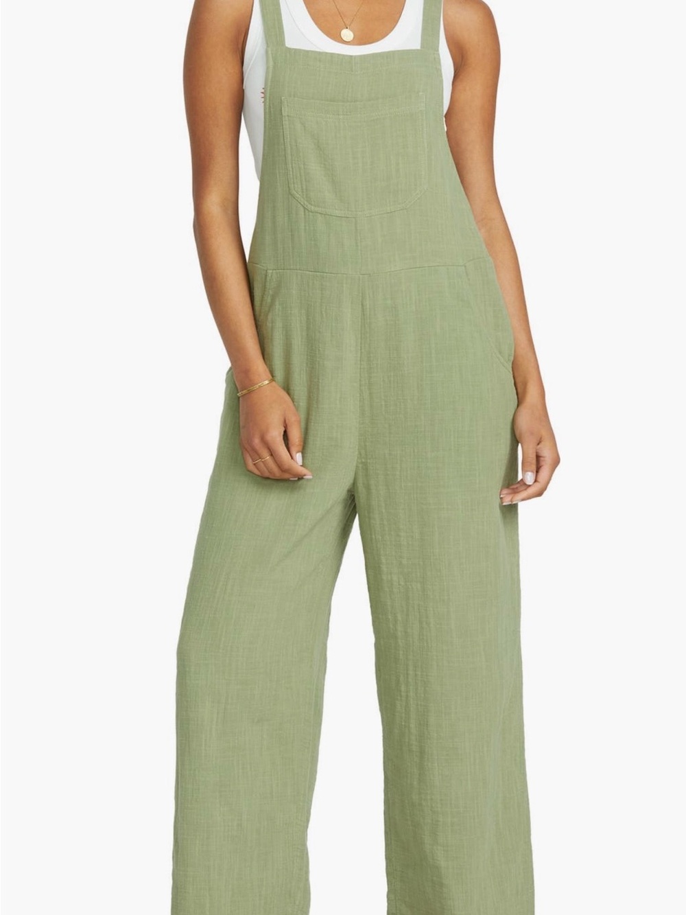 Billabong Green Linen-Blend Wide Leg Overalls